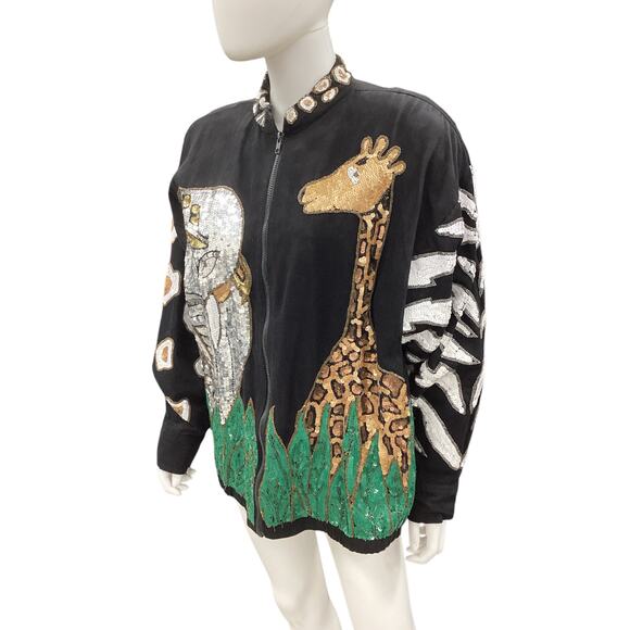 Vintage Modi Denim Jacket Women’s Size XL Sequin Design Lions Tigers& Bears Rare - Picture 2 of 7